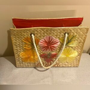 vintage 1960s Straw Handbag Bag - Multicolor Appliqué Flowers plastic overlay